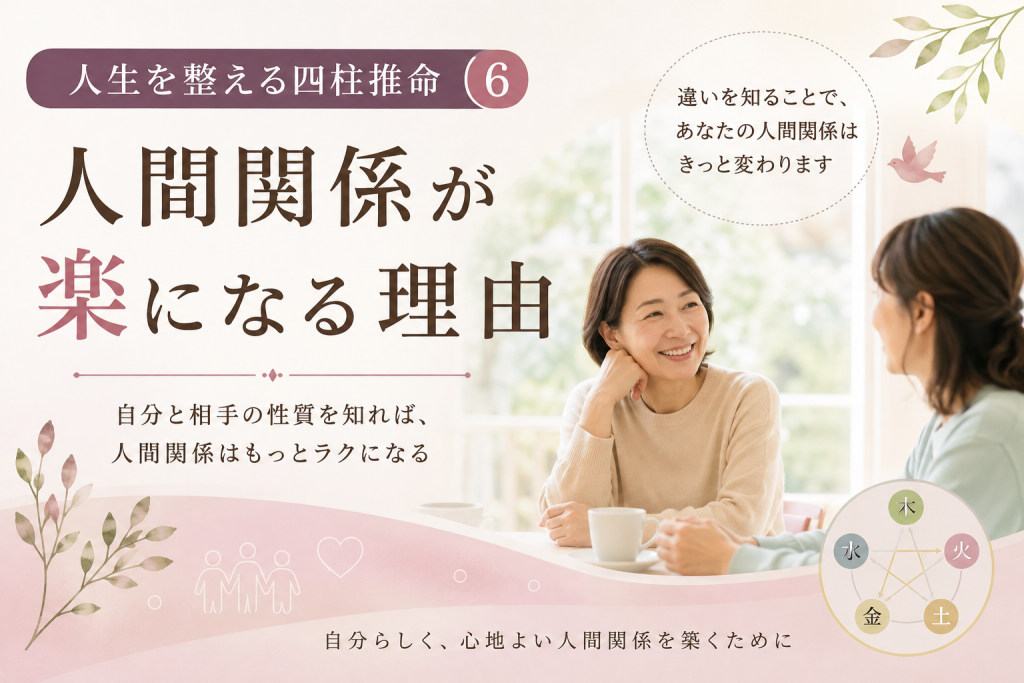 お茶を飲みながら語り合う二人の女性の絵に「人間関係が楽になる理由。自分と相手の性質を知れば人間関係はもっと楽になる」と書かれた画像