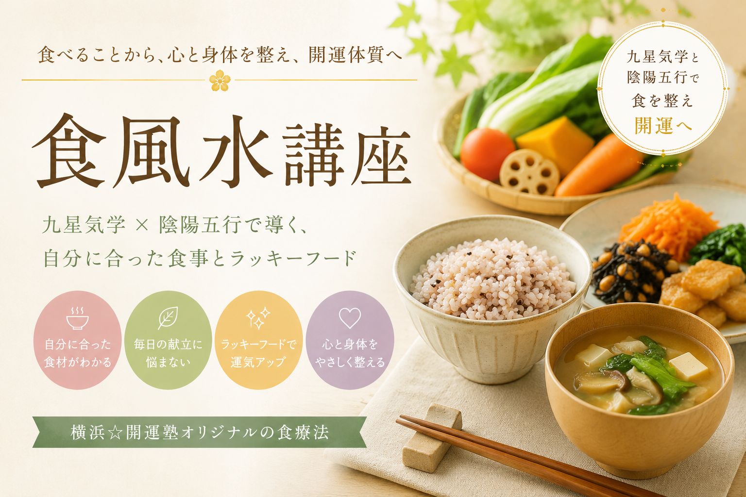 食風水講座のアイキャッチ画像。九星気学と陰陽五行を取り入れ、食事から心と身体を整えるイメージ