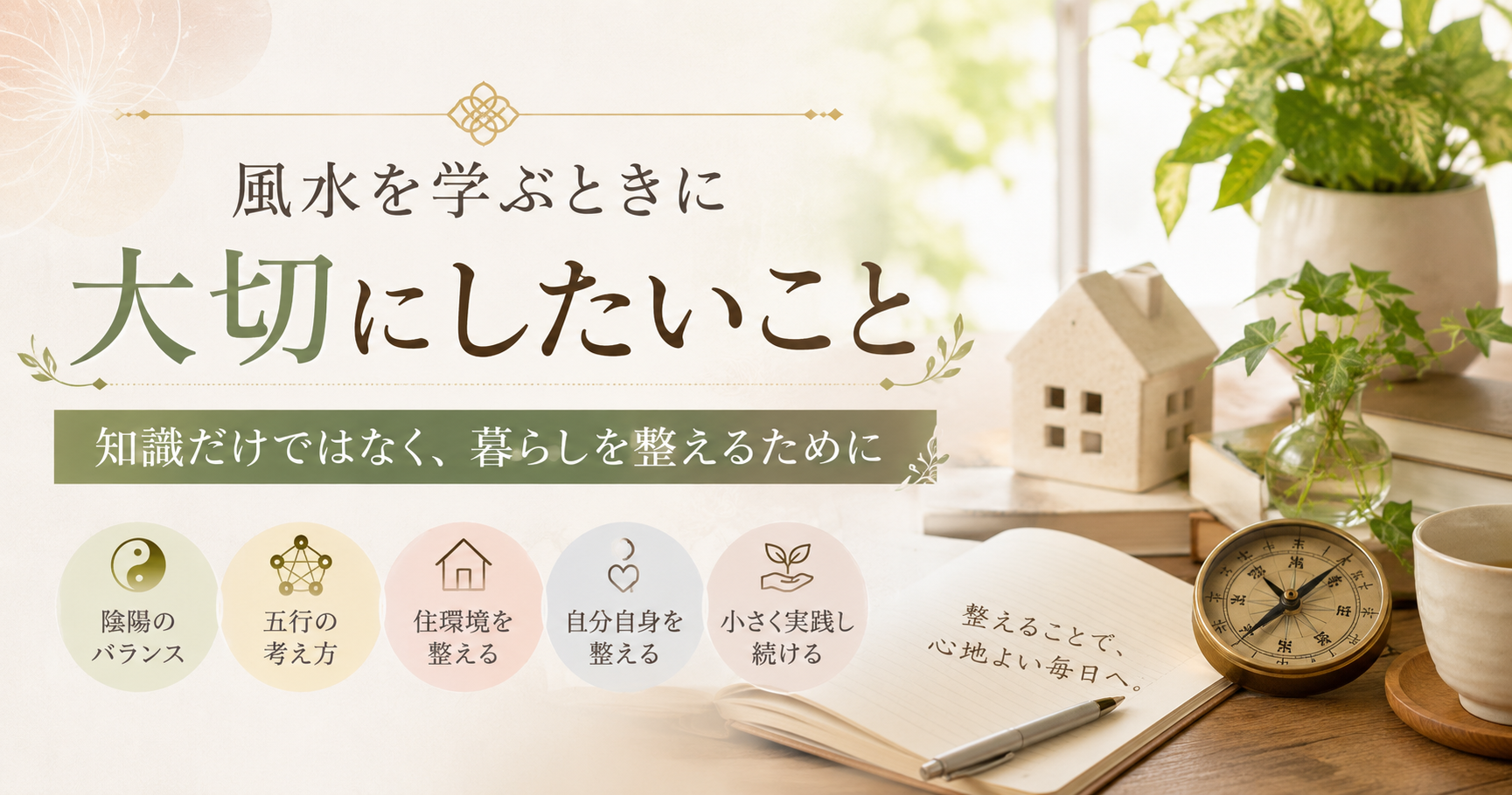 風水を学ぶときに大切にしたいことを表現した、観葉植物や羅盤、ノートを配したナチュラルな風水イメージ