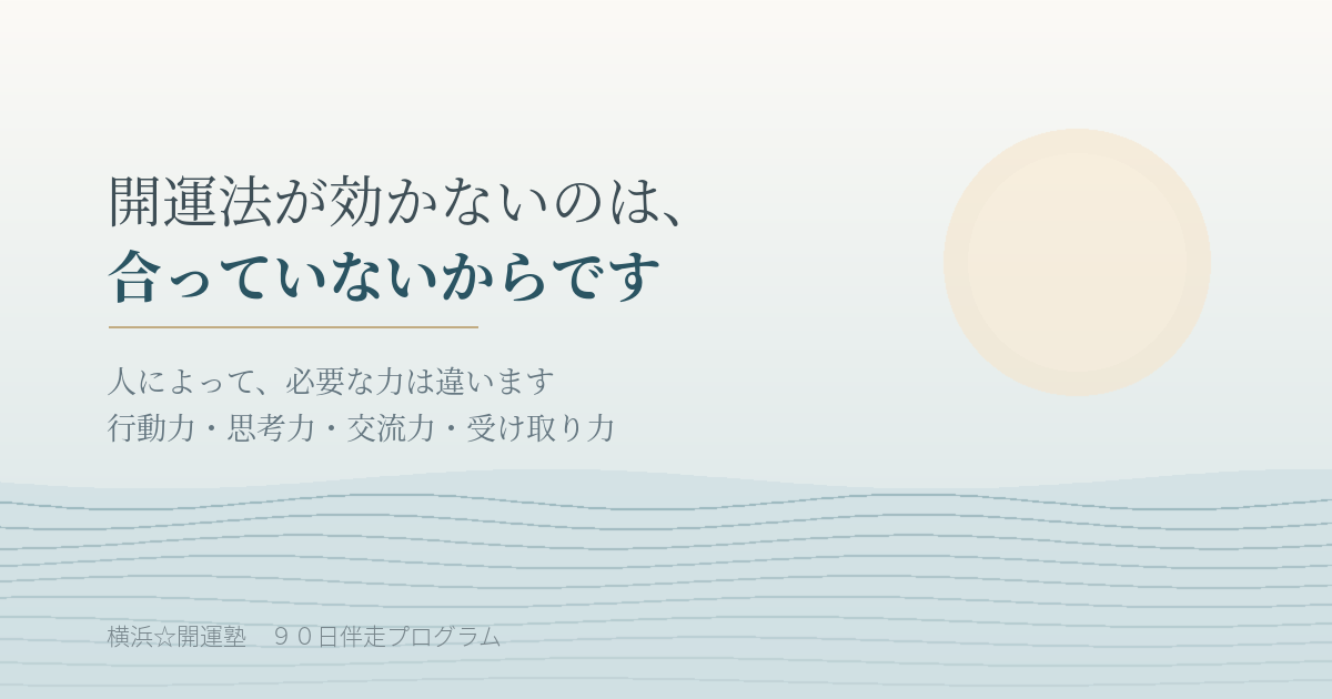 開運法が効かないのは、必要な力が人によって違うから。行動力・思考力・交流力・受け取り力の4つの力を表すアイキャッチ画像